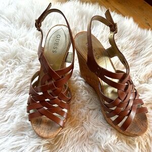 GUESS Women's Strappy Brown Braided Leather Cork Wedge Open Toe Sandal